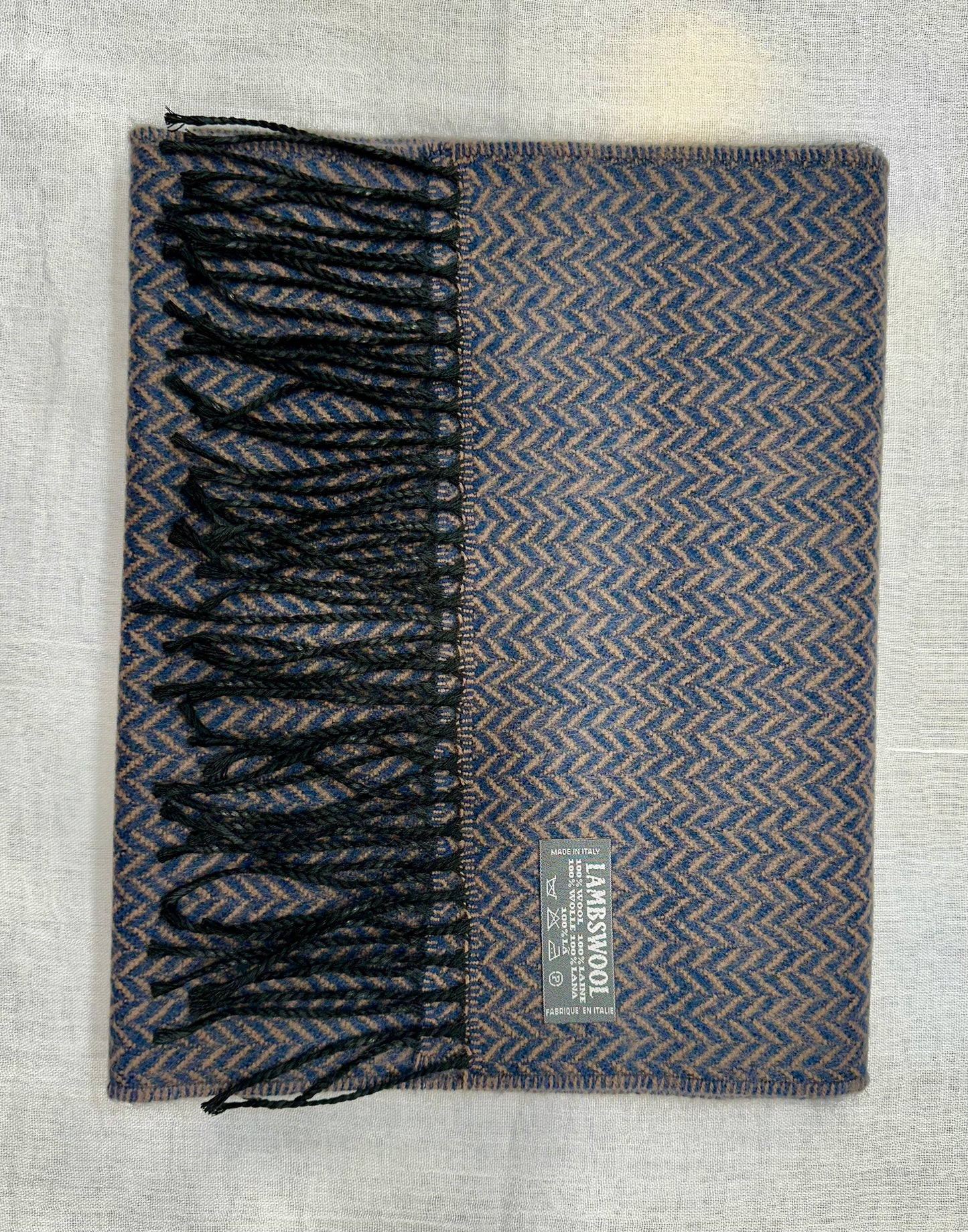 Sciarpa spinata 100% lambswool, azzurro e marrone