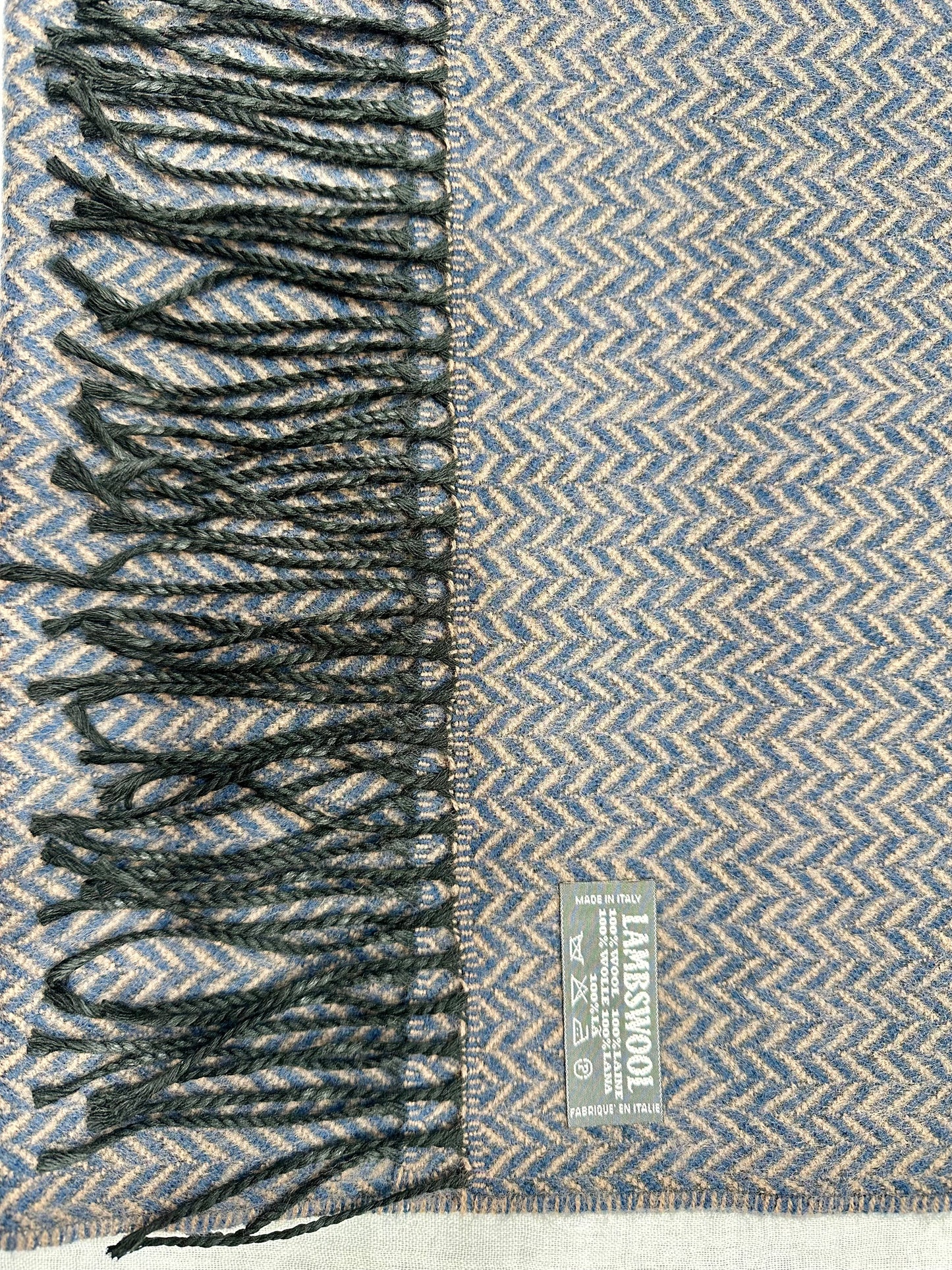 Sciarpa spinata 100% lambswool, azzurro e marrone
