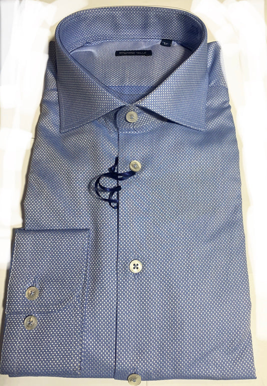 Camicia puro cotone, tessuto lavorato diamantina, azzurro, collo semi francese