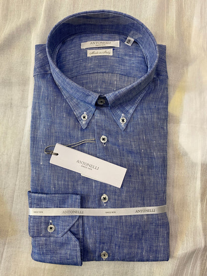 Camicia Puro lino azzurro fiammato botton down